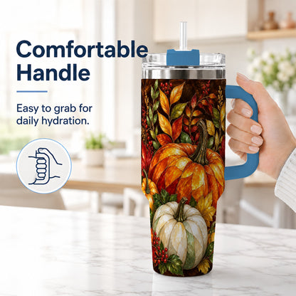 #pl[40oz|Blue] Mosaic Pumpkin 40oz Tumbler with Handle, Harvest Stainless Steel Travel Cup
