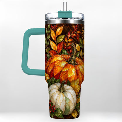 #pl[40oz|Green] Mosaic Pumpkin 40oz Tumbler with Handle, Harvest Stainless Steel Travel Cup