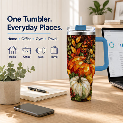 #pl[40oz|Blue] Mosaic Pumpkin 40oz Tumbler with Handle, Harvest Stainless Steel Travel Cup