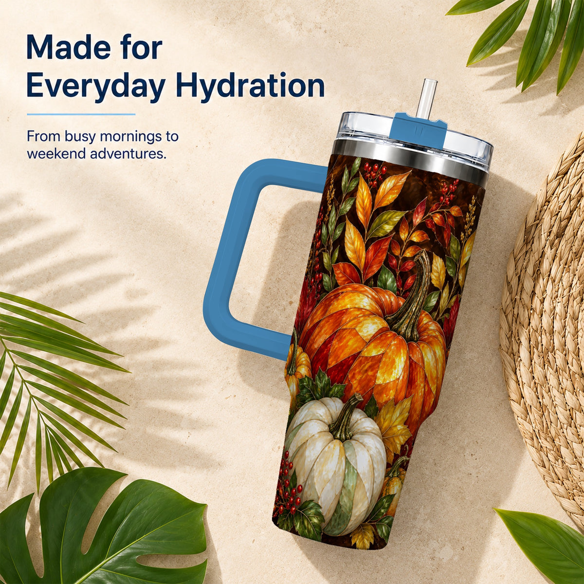 #pl[40oz|Blue] Mosaic Pumpkin 40oz Tumbler with Handle, Harvest Stainless Steel Travel Cup