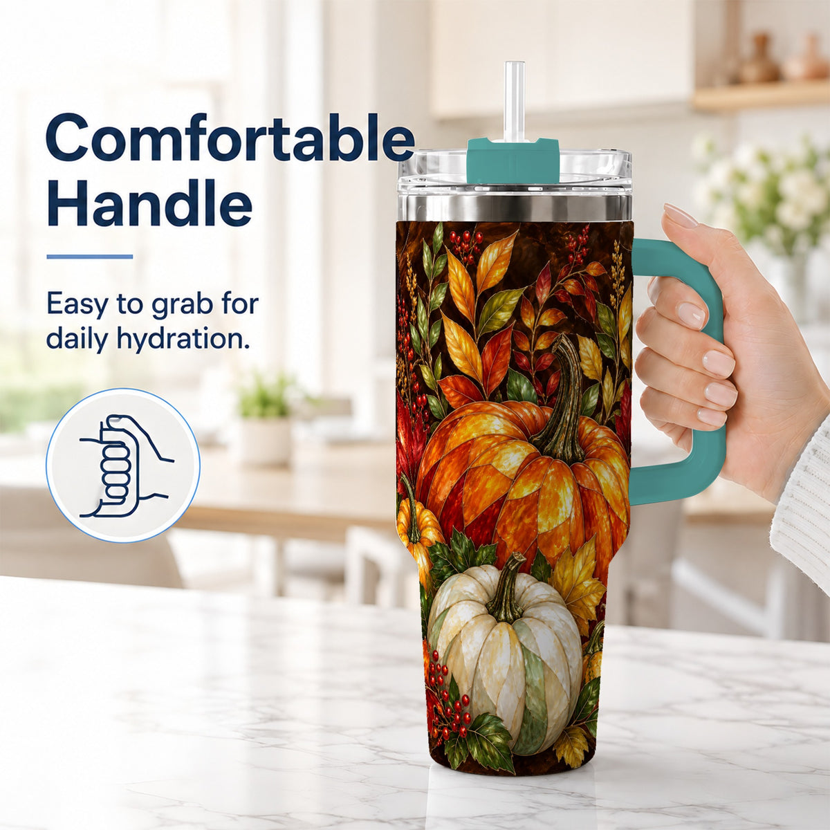 #pl[40oz|Green] Mosaic Pumpkin 40oz Tumbler with Handle, Harvest Stainless Steel Travel Cup