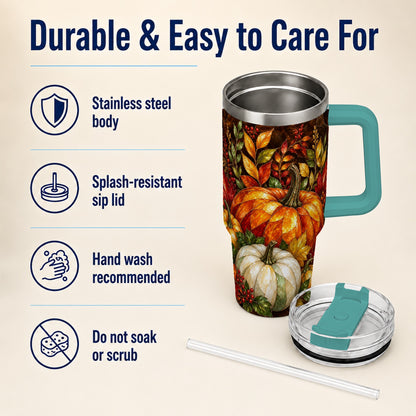 #pl[40oz|Green] Mosaic Pumpkin 40oz Tumbler with Handle, Harvest Stainless Steel Travel Cup