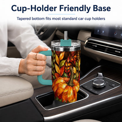 #pl[40oz|Green] Mosaic Pumpkin 40oz Tumbler with Handle, Harvest Stainless Steel Travel Cup
