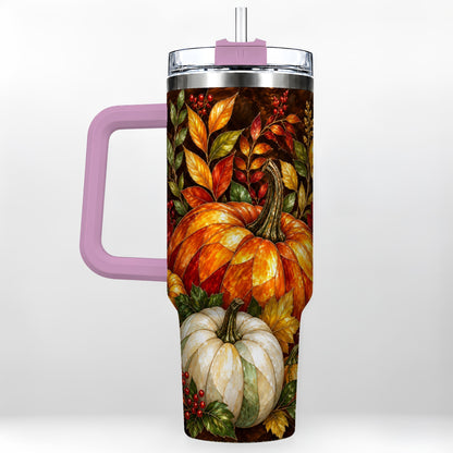 #pl[40oz|Pink] Mosaic Pumpkin 40oz Tumbler with Handle, Harvest Stainless Steel Travel Cup