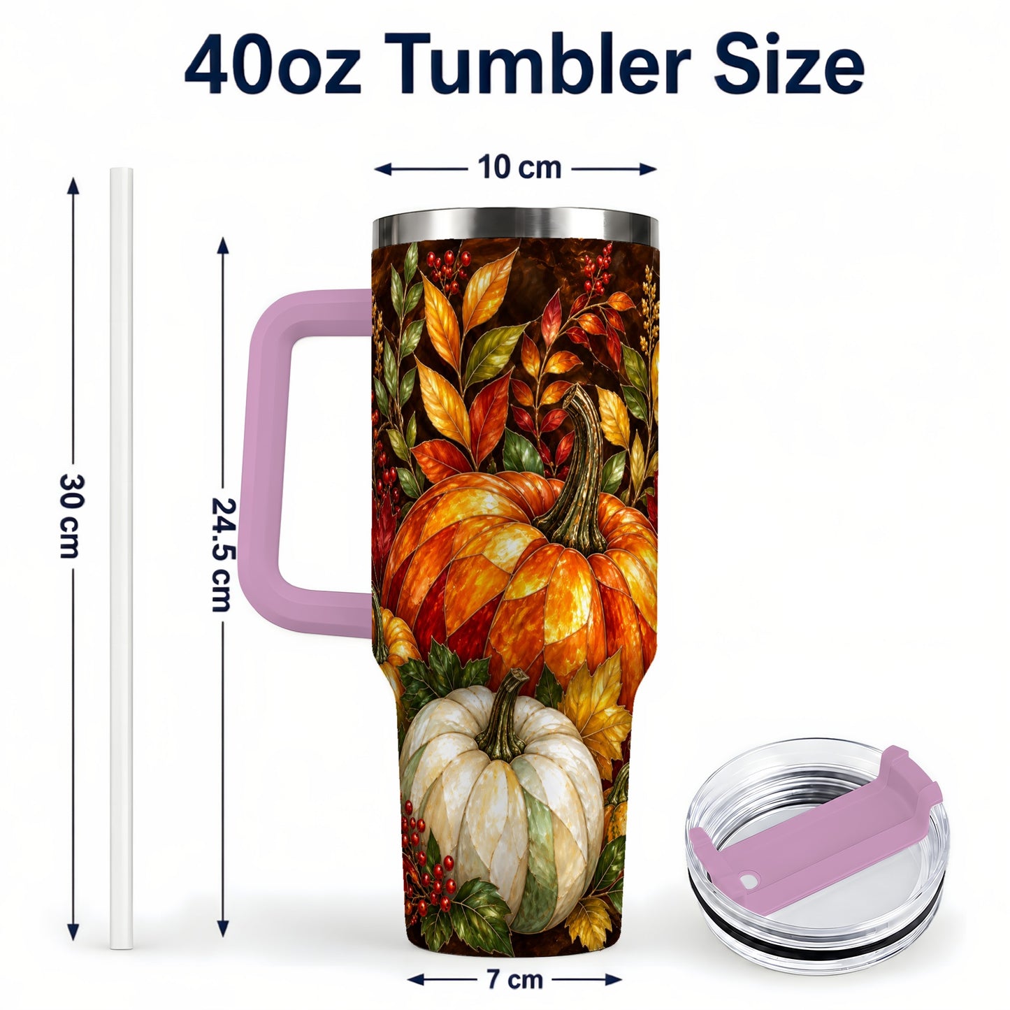 #pl[40oz|Pink] Mosaic Pumpkin 40oz Tumbler with Handle, Harvest Stainless Steel Travel Cup