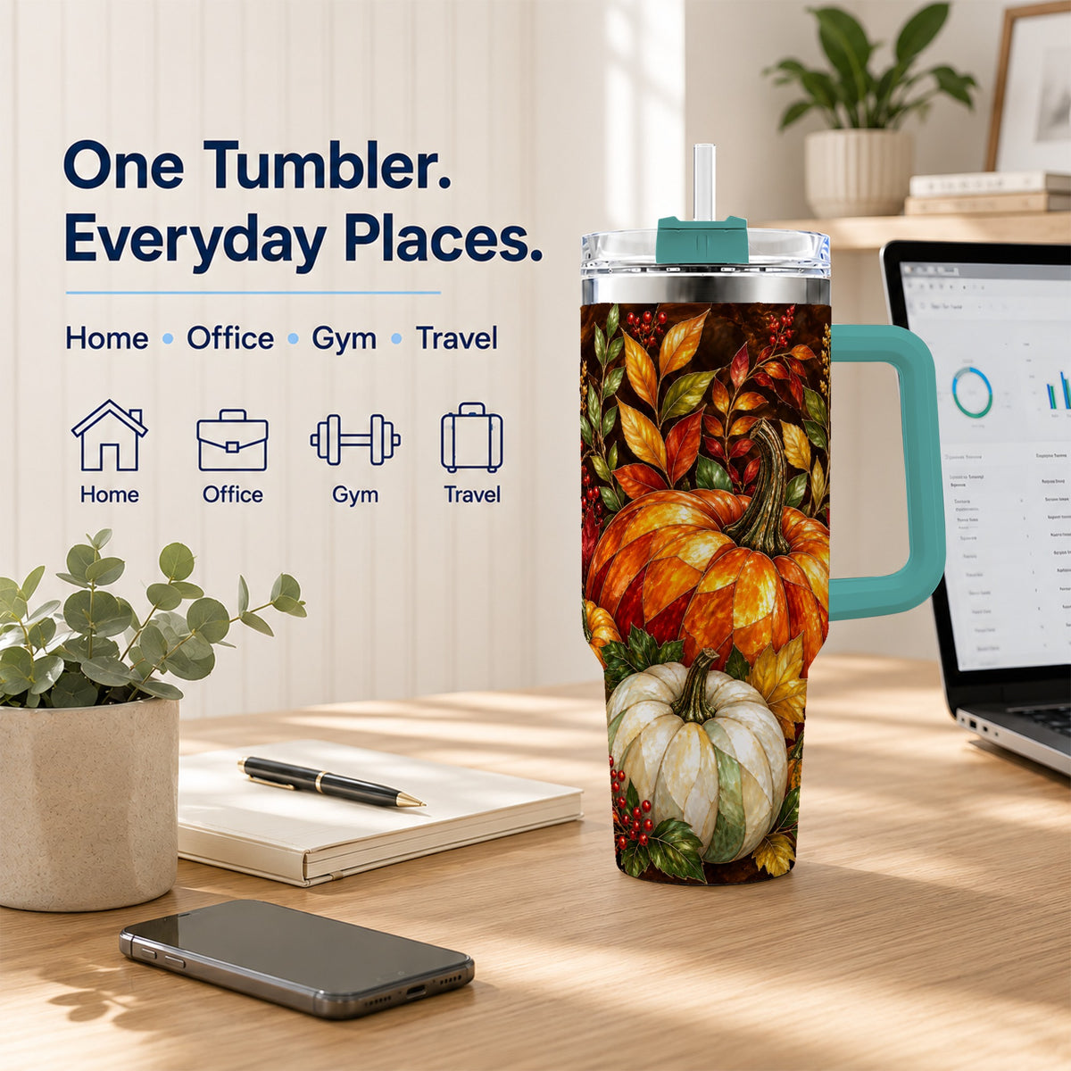 #pl[40oz|Green] Mosaic Pumpkin 40oz Tumbler with Handle, Harvest Stainless Steel Travel Cup