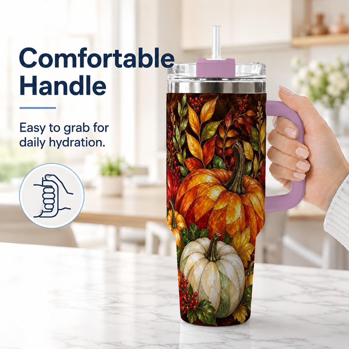 #pl[40oz|Pink] Mosaic Pumpkin 40oz Tumbler with Handle, Harvest Stainless Steel Travel Cup