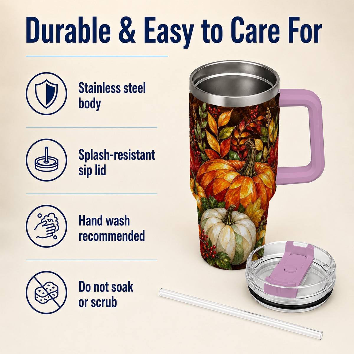 #pl[40oz|Pink] Mosaic Pumpkin 40oz Tumbler with Handle, Harvest Stainless Steel Travel Cup