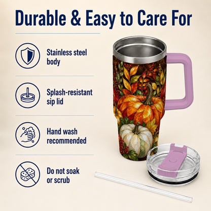 #pl[40oz|Pink] Mosaic Pumpkin 40oz Tumbler with Handle, Harvest Stainless Steel Travel Cup