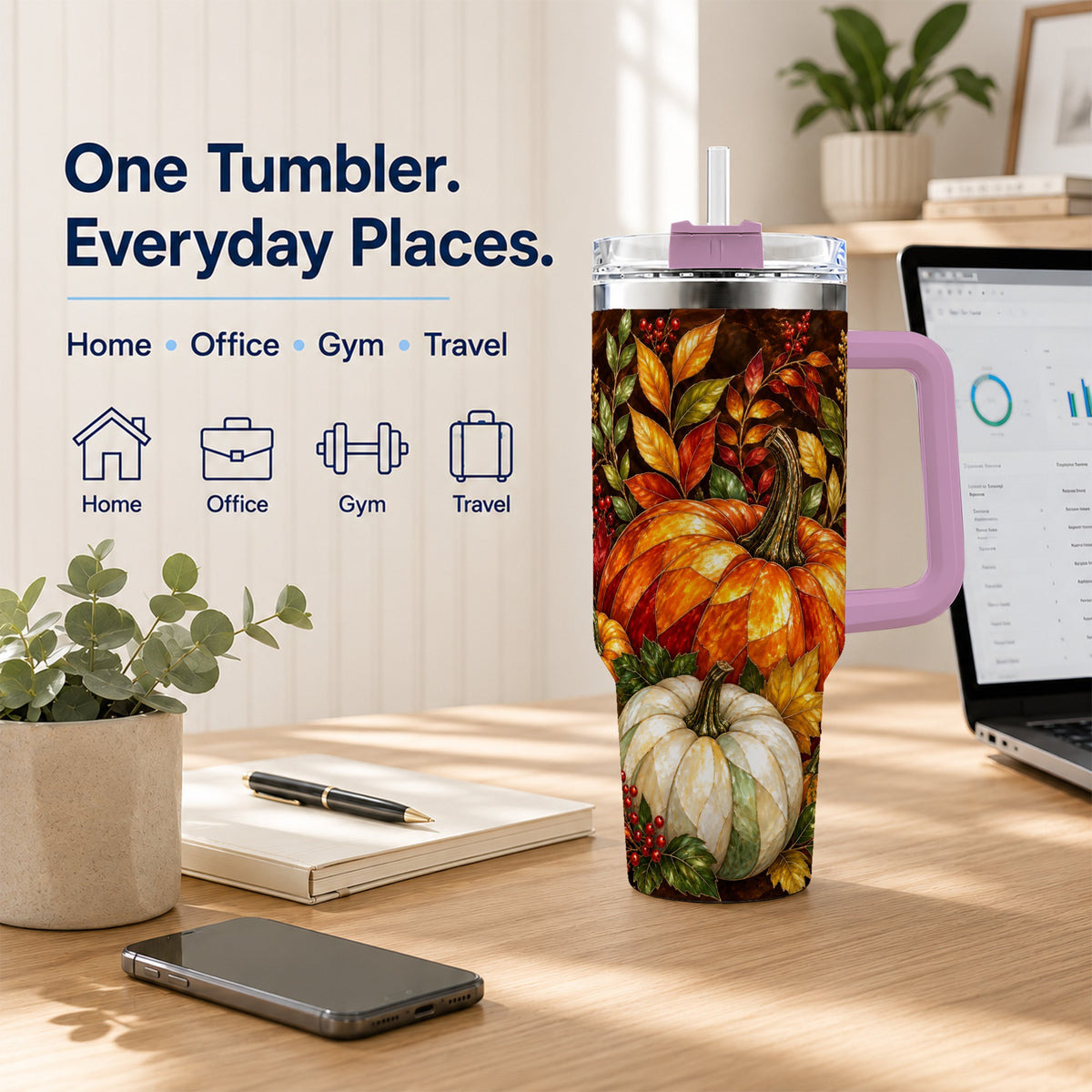 #pl[40oz|Pink] Mosaic Pumpkin 40oz Tumbler with Handle, Harvest Stainless Steel Travel Cup
