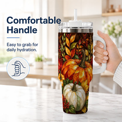 #pl[40oz|White] Mosaic Pumpkin 40oz Tumbler with Handle, Harvest Stainless Steel Travel Cup