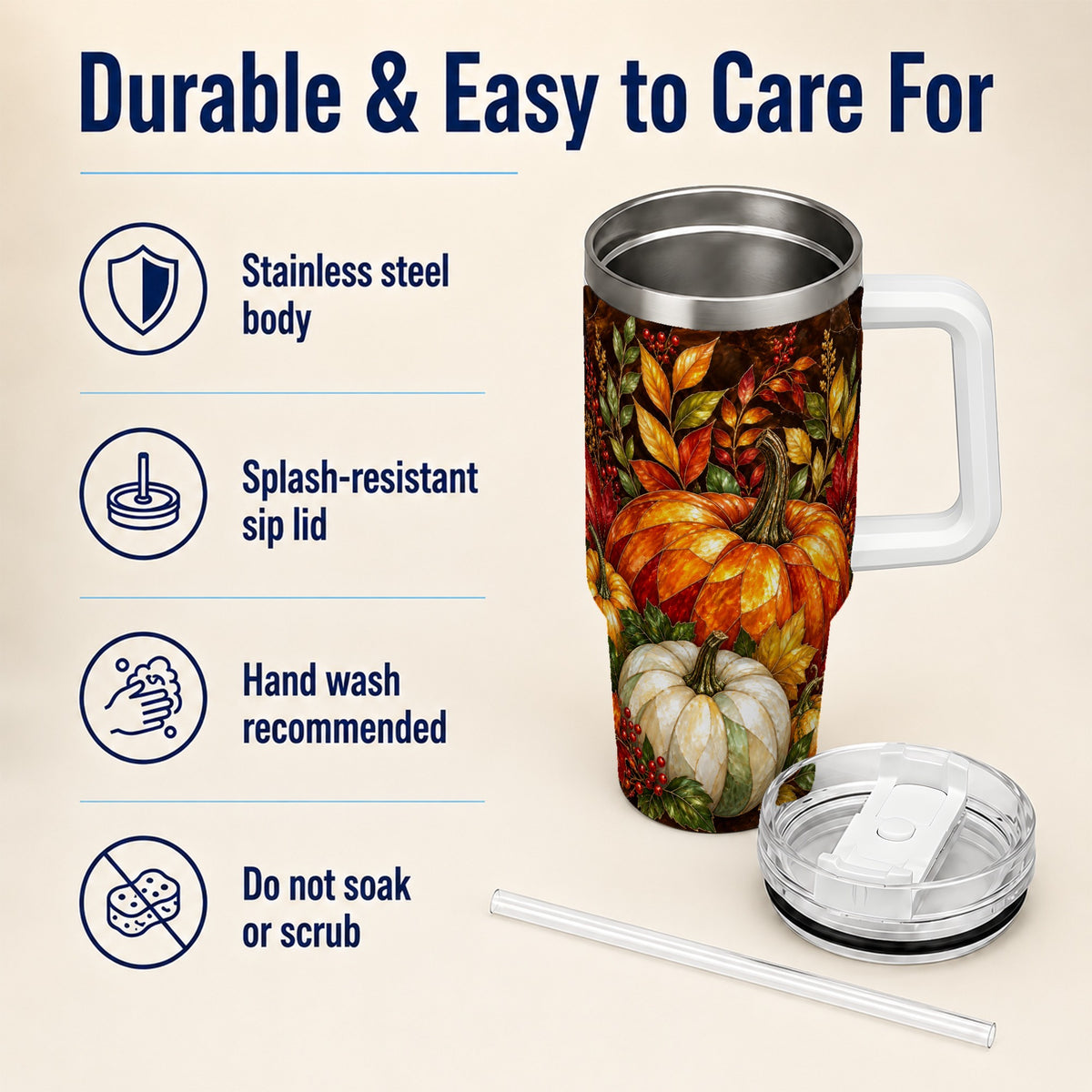 #pl[40oz|White] Mosaic Pumpkin 40oz Tumbler with Handle, Harvest Stainless Steel Travel Cup