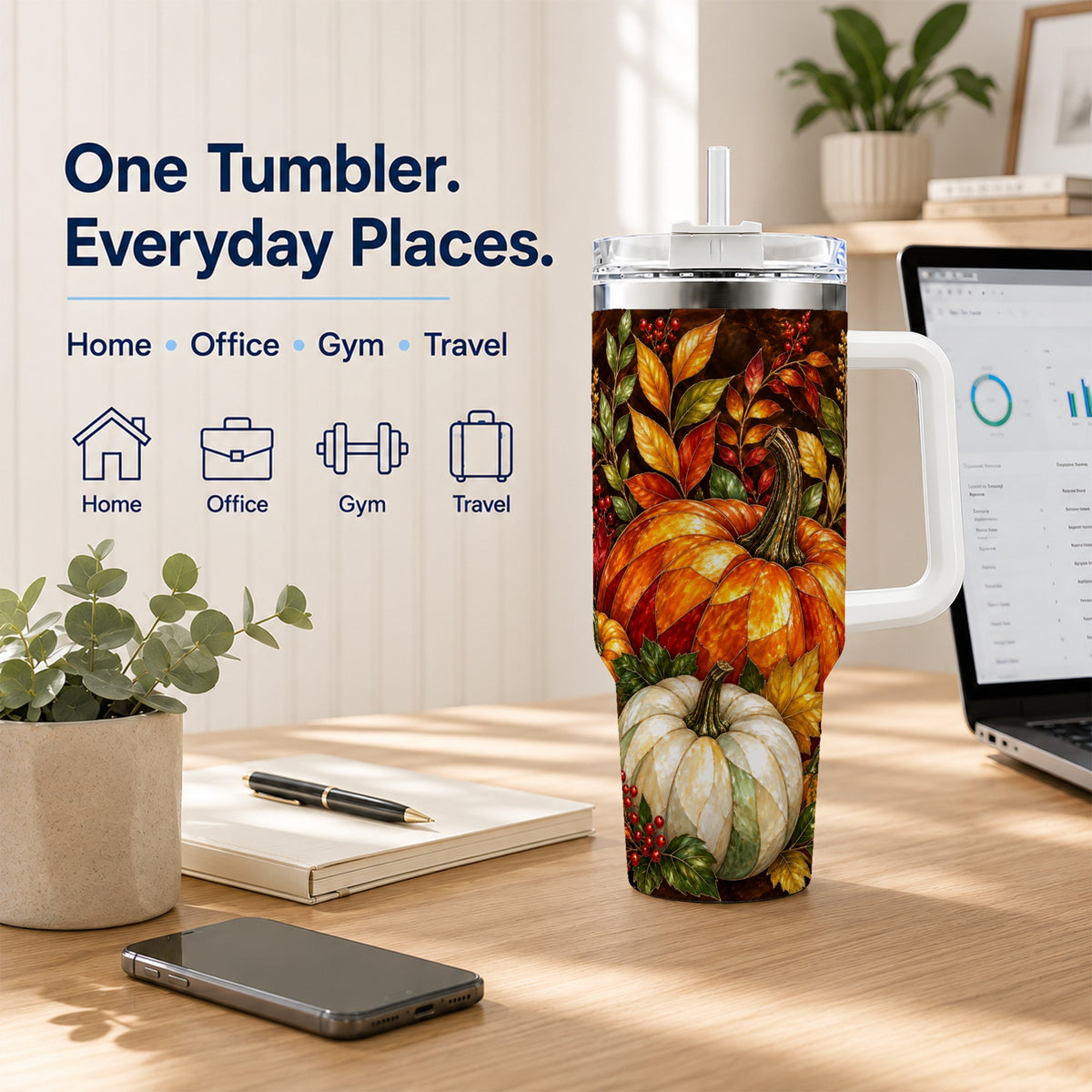 #pl[40oz|White] Mosaic Pumpkin 40oz Tumbler with Handle, Harvest Stainless Steel Travel Cup
