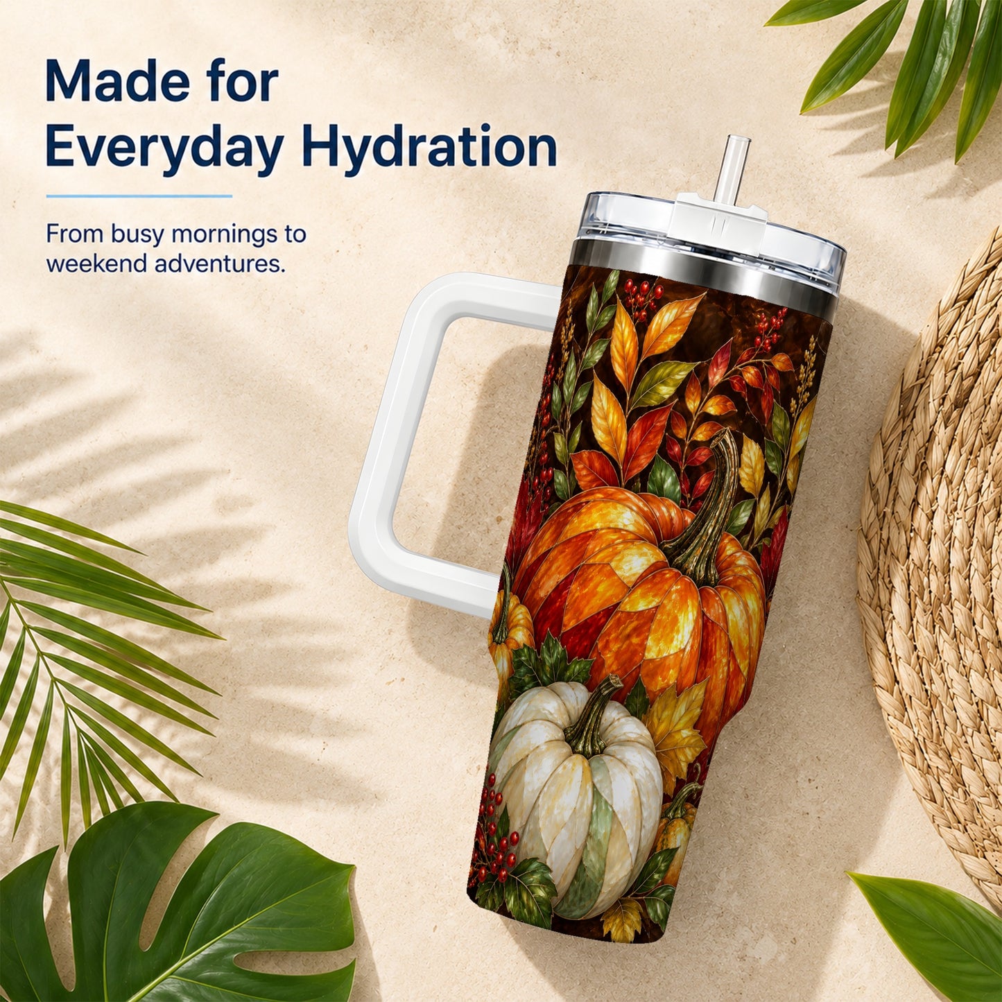 #pl[40oz|White] Mosaic Pumpkin 40oz Tumbler with Handle, Harvest Stainless Steel Travel Cup