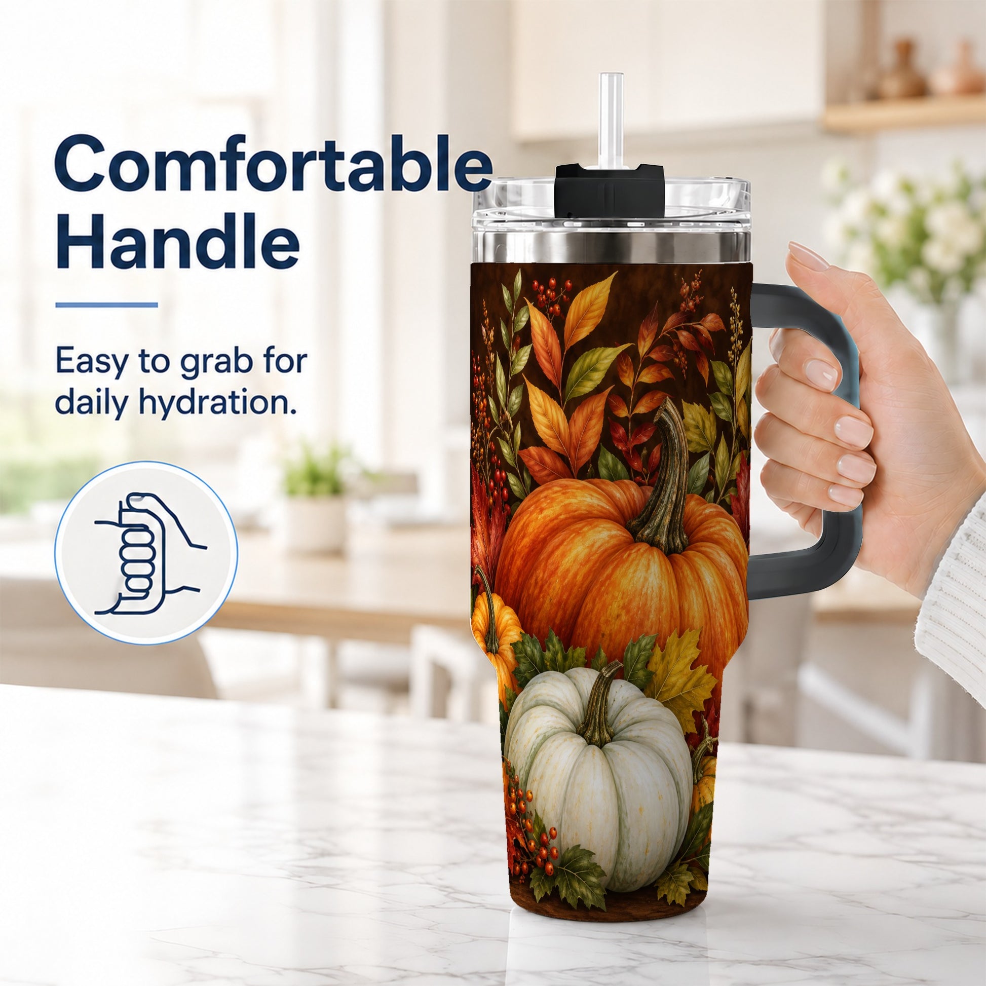 #pl[40oz|Black] Rustic Pumpkin 40oz Tumbler with Handle, Harvest Stainless Steel Travel Cup