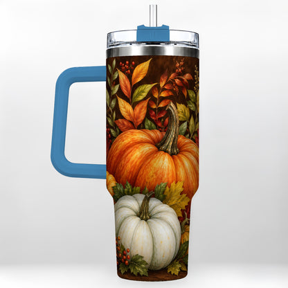 #pl[40oz|Blue] Rustic Pumpkin 40oz Tumbler with Handle, Harvest Stainless Steel Travel Cup