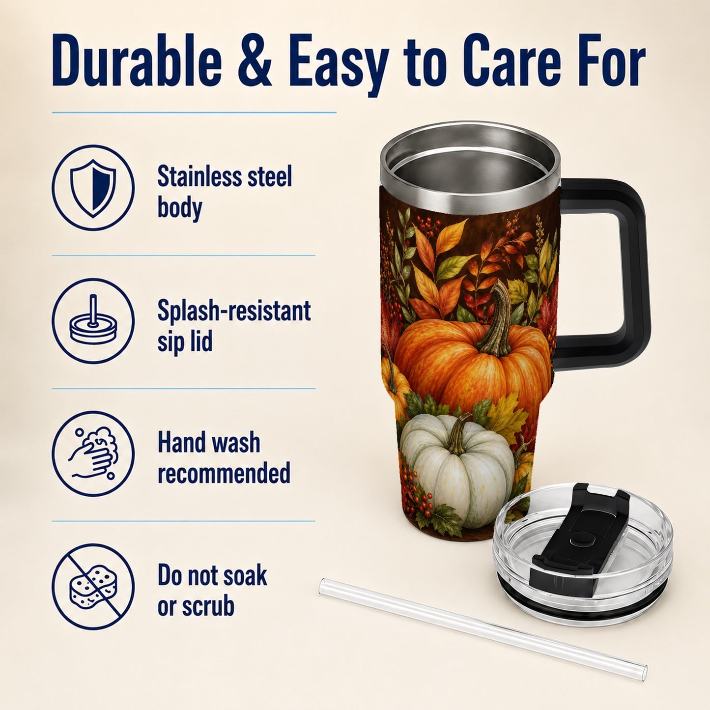 #pl[40oz|Black] Rustic Pumpkin 40oz Tumbler with Handle, Harvest Stainless Steel Travel Cup