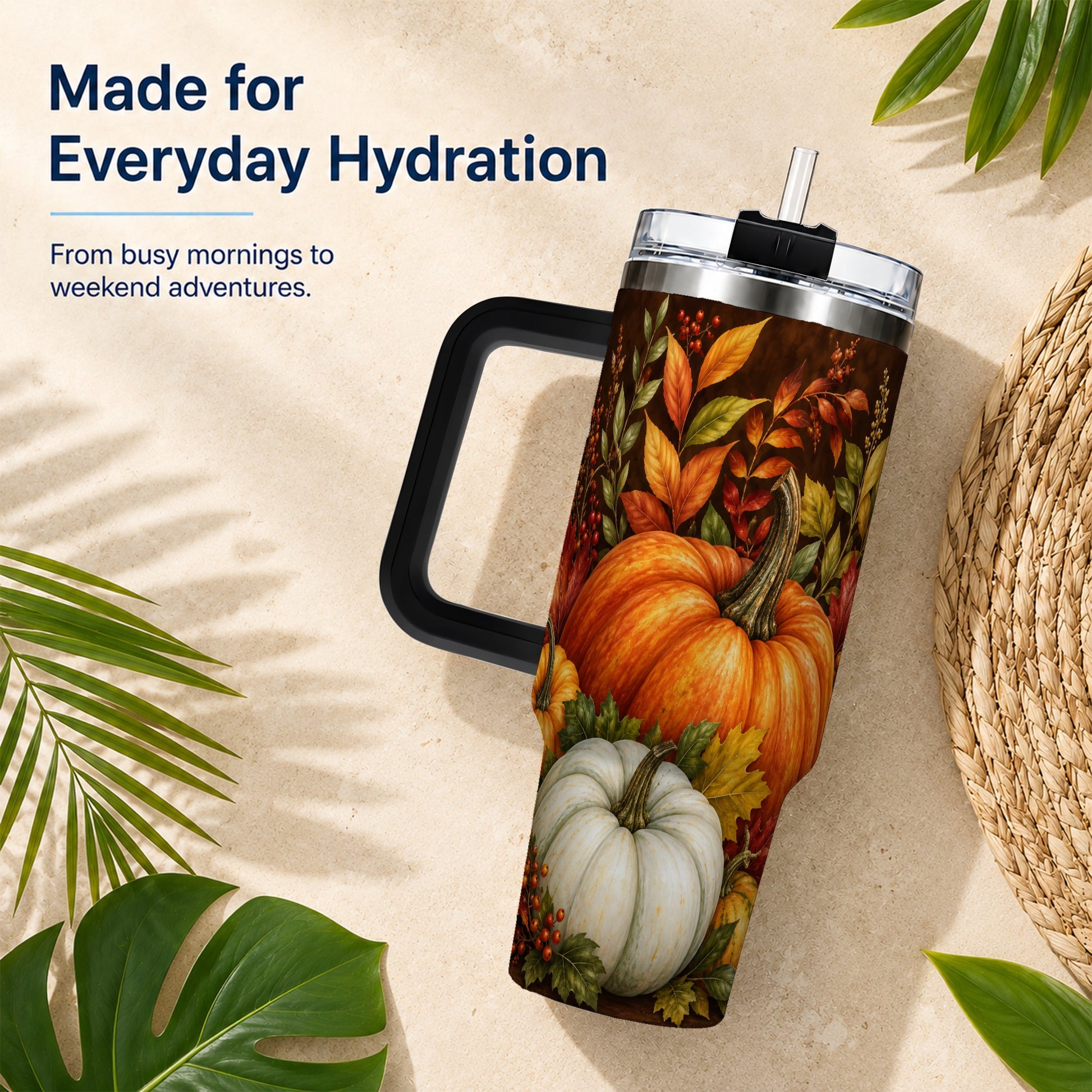 #pl[40oz|Black] Rustic Pumpkin 40oz Tumbler with Handle, Harvest Stainless Steel Travel Cup