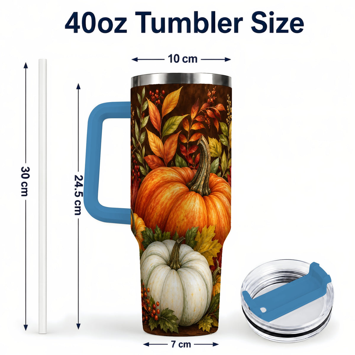 #pl[40oz|Blue] Rustic Pumpkin 40oz Tumbler with Handle, Harvest Stainless Steel Travel Cup