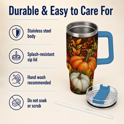 #pl[40oz|Blue] Rustic Pumpkin 40oz Tumbler with Handle, Harvest Stainless Steel Travel Cup