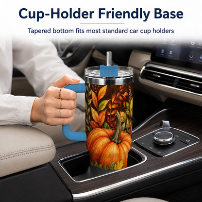 #pl[40oz|Blue] Rustic Pumpkin 40oz Tumbler with Handle, Harvest Stainless Steel Travel Cup