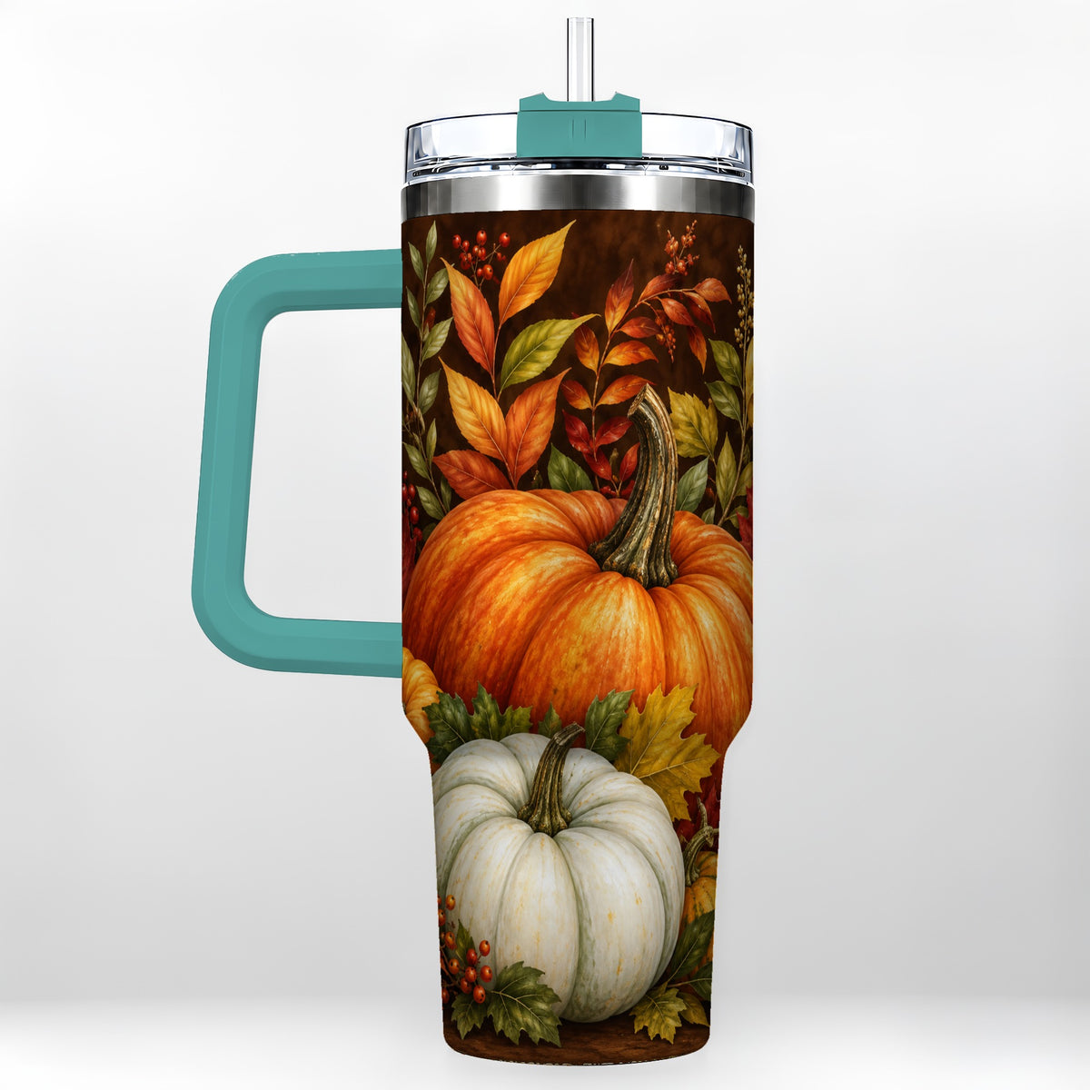 #pl[40oz|Green] Rustic Pumpkin 40oz Tumbler with Handle, Harvest Stainless Steel Travel Cup
