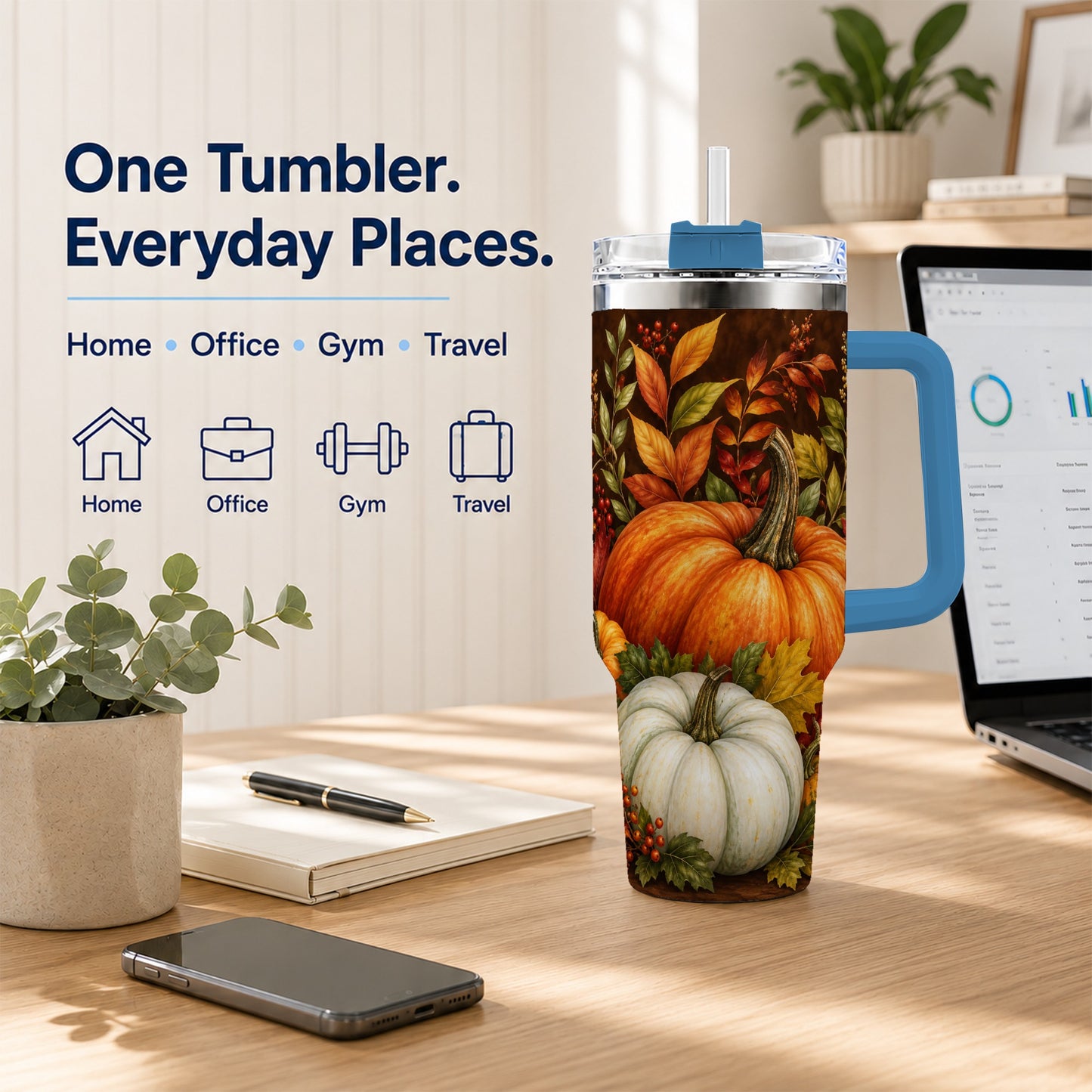 #pl[40oz|Blue] Rustic Pumpkin 40oz Tumbler with Handle, Harvest Stainless Steel Travel Cup