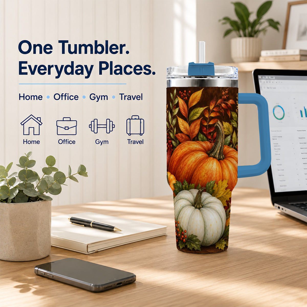 #pl[40oz|Blue] Rustic Pumpkin 40oz Tumbler with Handle, Harvest Stainless Steel Travel Cup