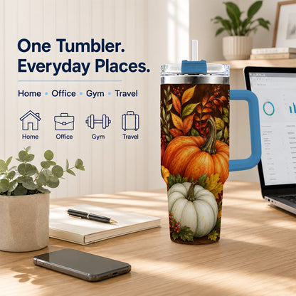#pl[40oz|Blue] Rustic Pumpkin 40oz Tumbler with Handle, Harvest Stainless Steel Travel Cup