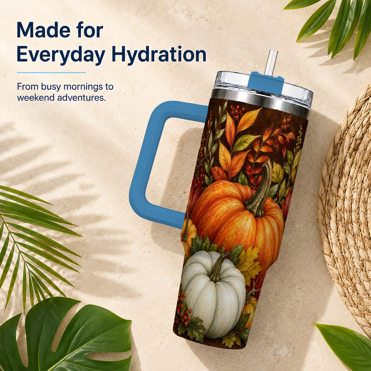 #pl[40oz|Blue] Rustic Pumpkin 40oz Tumbler with Handle, Harvest Stainless Steel Travel Cup