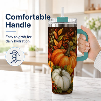 #pl[40oz|Green] Rustic Pumpkin 40oz Tumbler with Handle, Harvest Stainless Steel Travel Cup