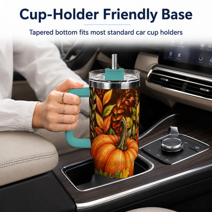 #pl[40oz|Green] Rustic Pumpkin 40oz Tumbler with Handle, Harvest Stainless Steel Travel Cup