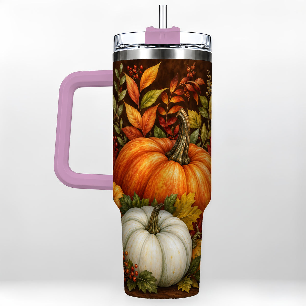 #pl[40oz|Pink] Rustic Pumpkin 40oz Tumbler with Handle, Harvest Stainless Steel Travel Cup