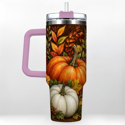 #pl[40oz|Pink] Rustic Pumpkin 40oz Tumbler with Handle, Harvest Stainless Steel Travel Cup