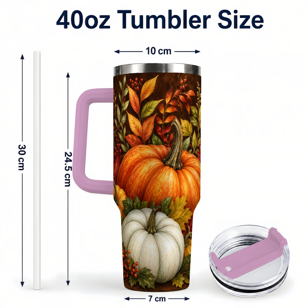 #pl[40oz|Pink] Rustic Pumpkin 40oz Tumbler with Handle, Harvest Stainless Steel Travel Cup