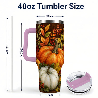 #pl[40oz|Pink] Rustic Pumpkin 40oz Tumbler with Handle, Harvest Stainless Steel Travel Cup