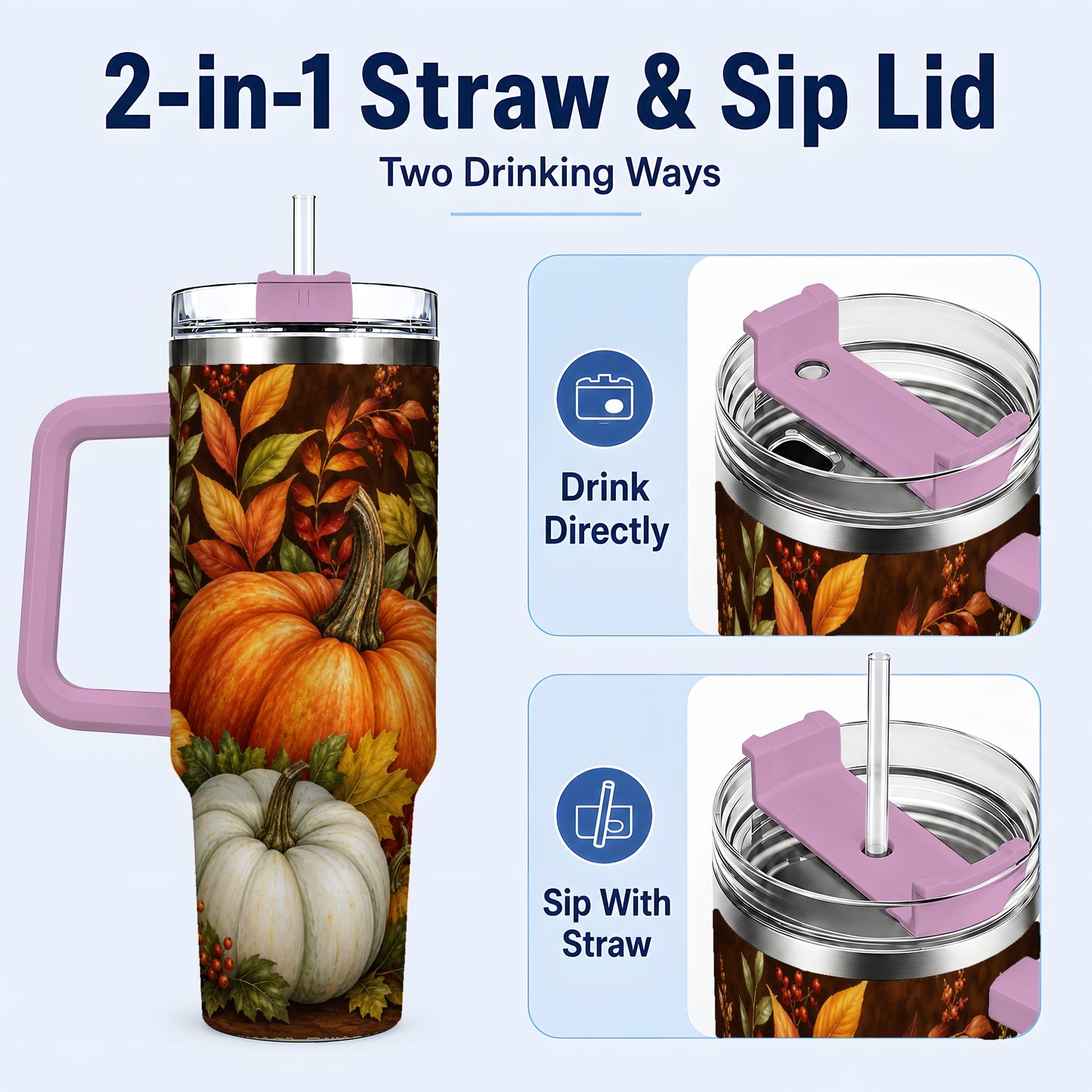 #pl[40oz|Pink] Rustic Pumpkin 40oz Tumbler with Handle, Harvest Stainless Steel Travel Cup