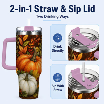 #pl[40oz|Pink] Rustic Pumpkin 40oz Tumbler with Handle, Harvest Stainless Steel Travel Cup