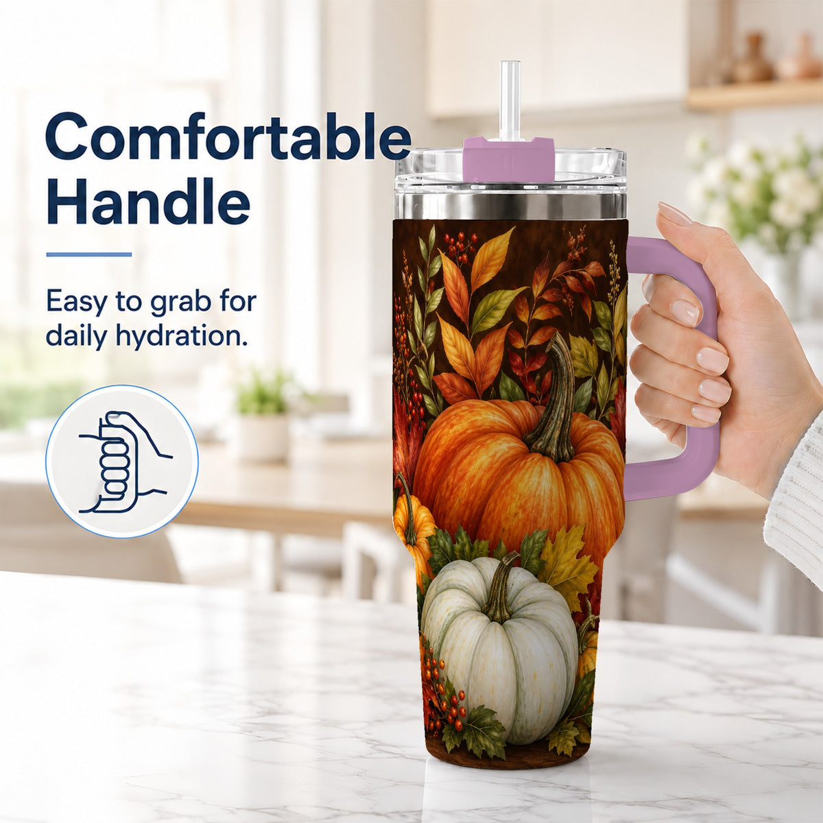#pl[40oz|Pink] Rustic Pumpkin 40oz Tumbler with Handle, Harvest Stainless Steel Travel Cup