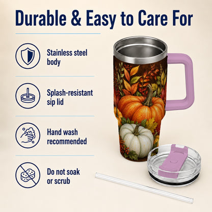 #pl[40oz|Pink] Rustic Pumpkin 40oz Tumbler with Handle, Harvest Stainless Steel Travel Cup