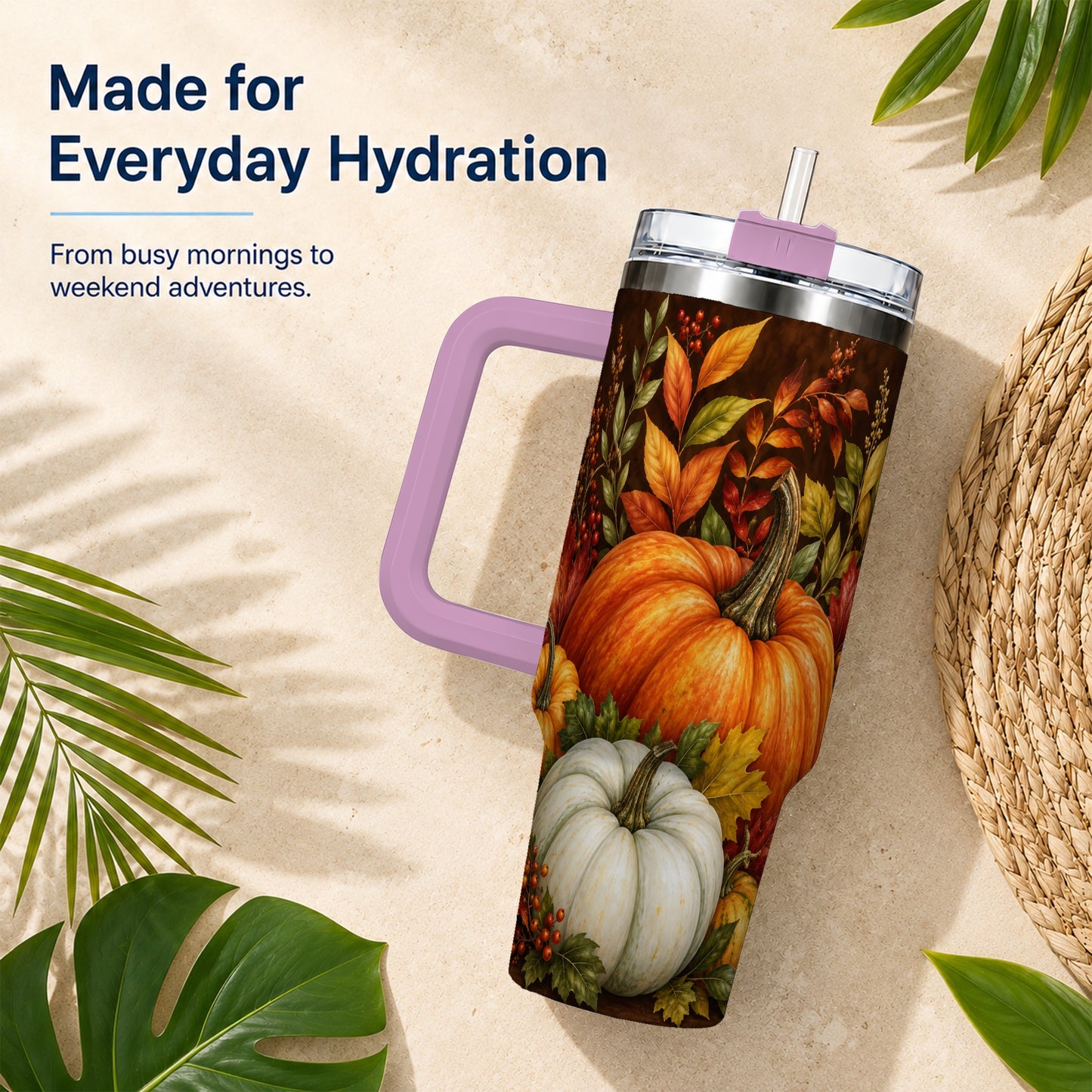 #pl[40oz|Pink] Rustic Pumpkin 40oz Tumbler with Handle, Harvest Stainless Steel Travel Cup