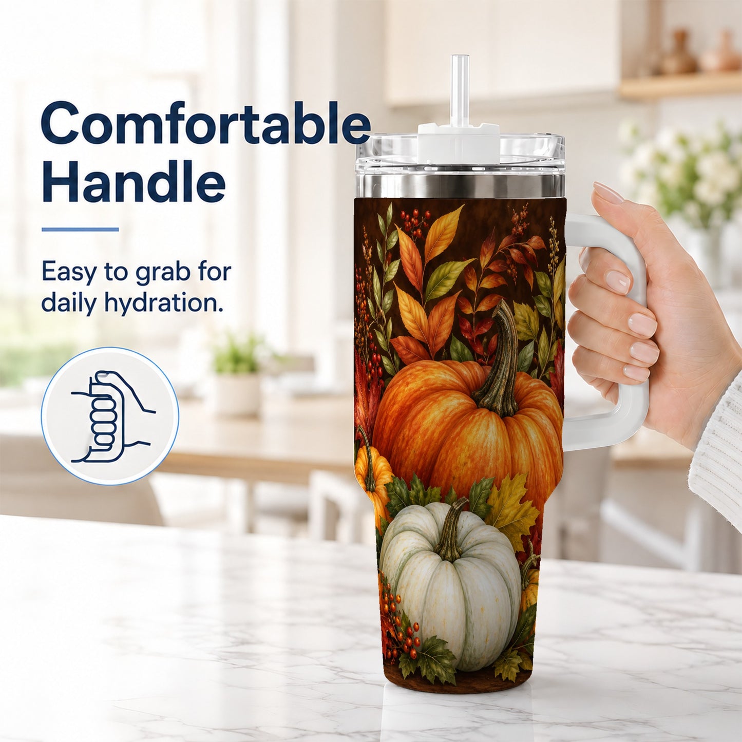 #pl[40oz|White] Rustic Pumpkin 40oz Tumbler with Handle, Harvest Stainless Steel Travel Cup