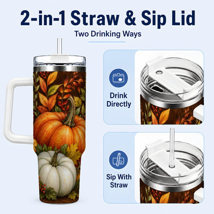 #pl[40oz|White] Rustic Pumpkin 40oz Tumbler with Handle, Harvest Stainless Steel Travel Cup