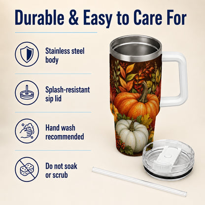 #pl[40oz|White] Rustic Pumpkin 40oz Tumbler with Handle, Harvest Stainless Steel Travel Cup