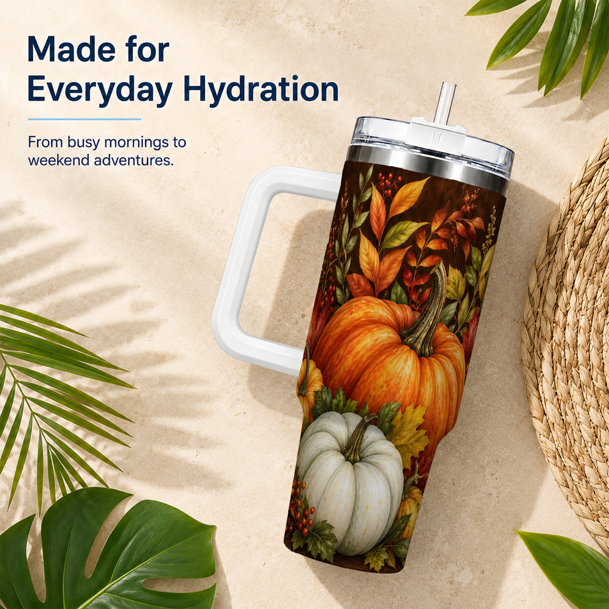#pl[40oz|White] Rustic Pumpkin 40oz Tumbler with Handle, Harvest Stainless Steel Travel Cup