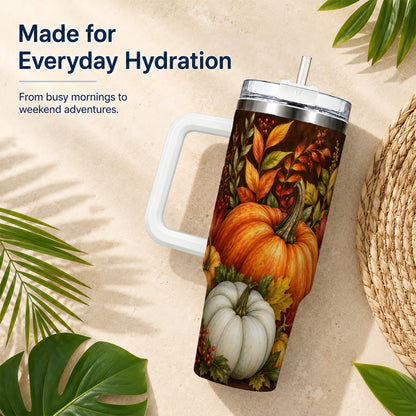 #pl[40oz|White] Rustic Pumpkin 40oz Tumbler with Handle, Harvest Stainless Steel Travel Cup