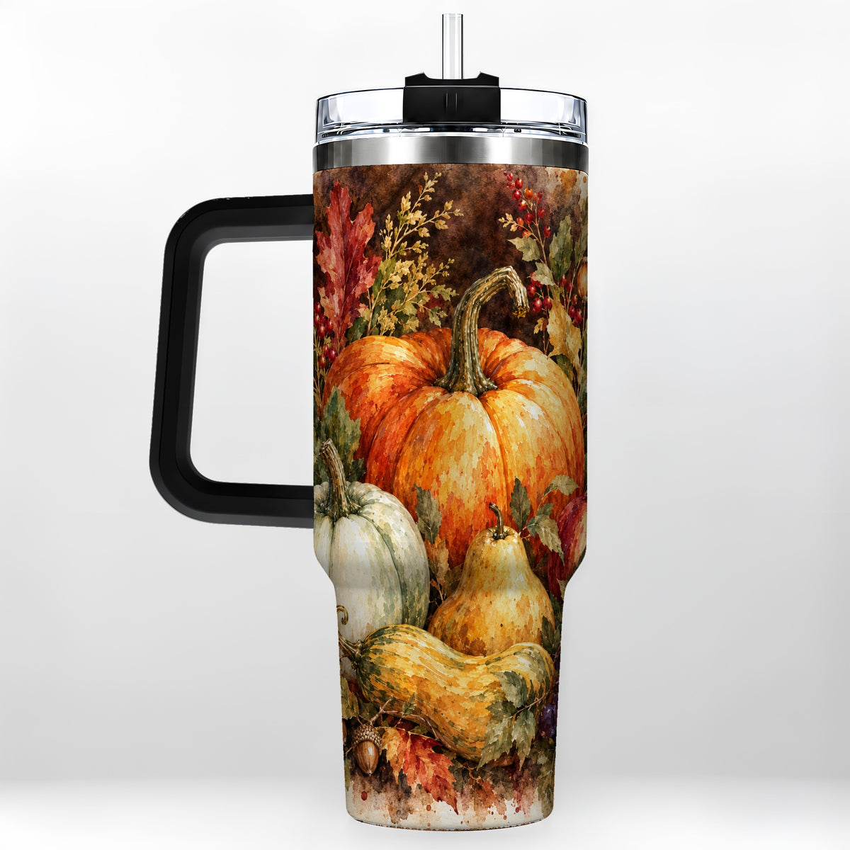 #pl[40oz|Black] Pumpkin 40oz Tumbler with Handle, Watercolor Stainless Steel Travel Cup