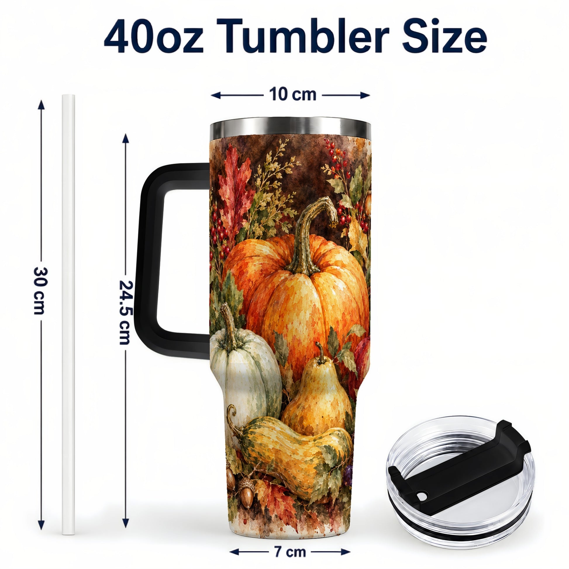#pl[40oz|Black] Pumpkin 40oz Tumbler with Handle, Watercolor Stainless Steel Travel Cup