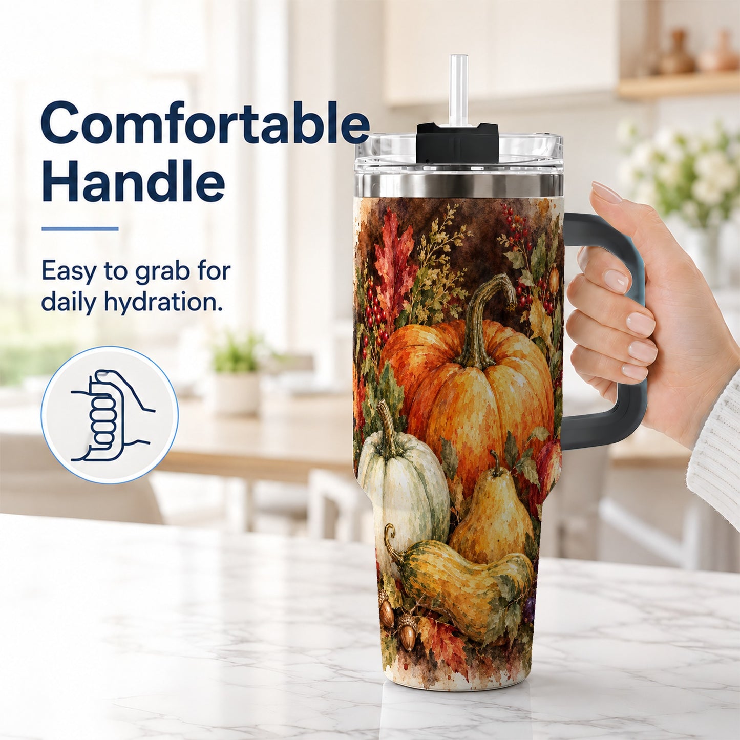 #pl[40oz|Black] Pumpkin 40oz Tumbler with Handle, Watercolor Stainless Steel Travel Cup