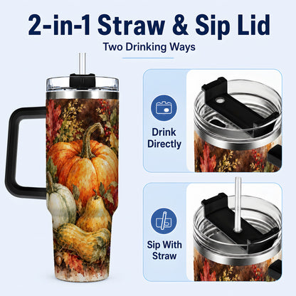 #pl[40oz|Black] Pumpkin 40oz Tumbler with Handle, Watercolor Stainless Steel Travel Cup